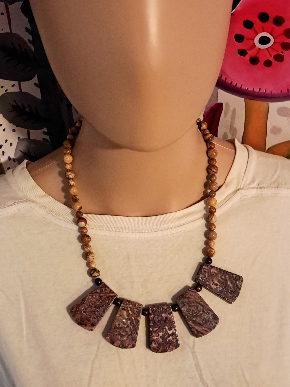Native American Style Jasper Brown Stone Bead Statement Necklace - Women Jewelry